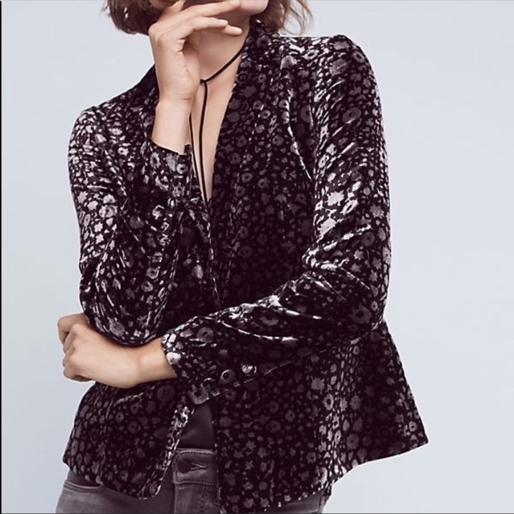 Anthropologie Elevenses Lumi Velvet Floral black and Silver Jacket